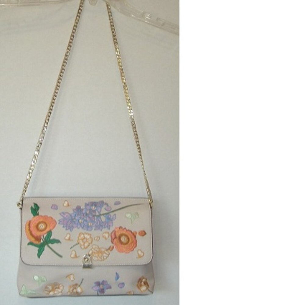 TOPSHOP Floral Embroidered Clutch Crossbody Gold Chain Handbag NR MINT - Picture 2 of 6